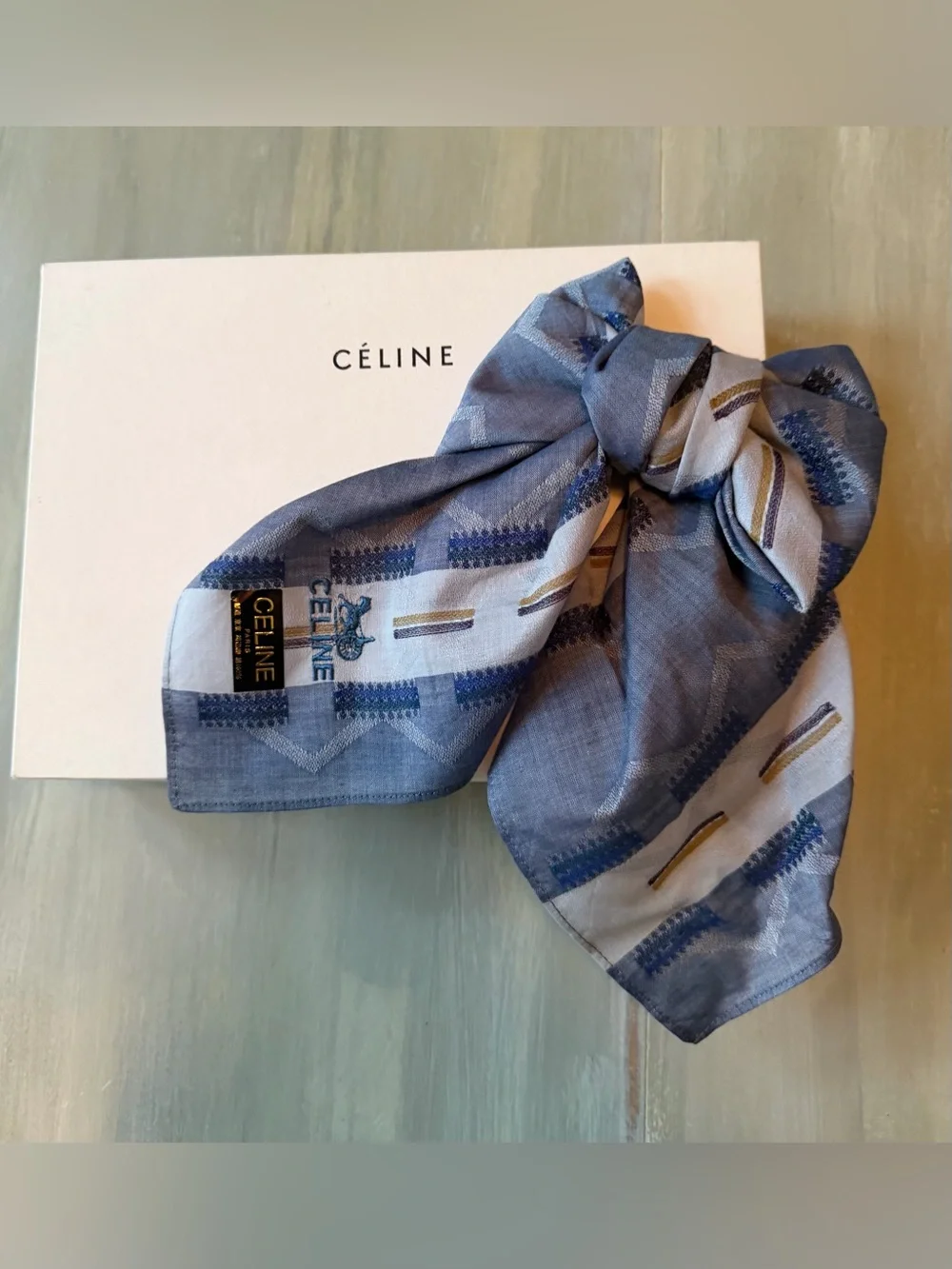 Celine Blue White Striped Silk Hair Bow Scarf Bandana Neckerchief Bag Accessory